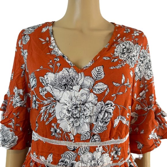 Women Boho Dress Medium M Orange White Floral Hem Ruffled Backless Elastic Waist - Picture 8 of 16